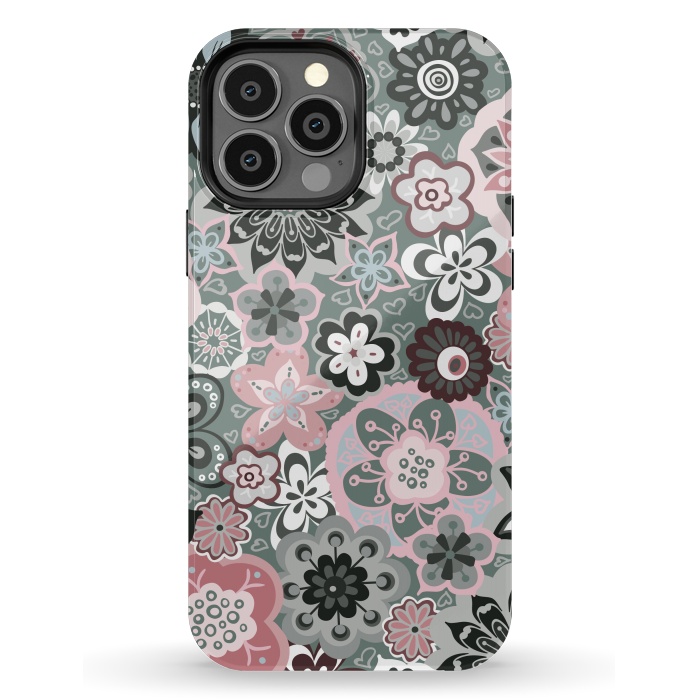 iPhone 13 Pro Max StrongFit Beautiful Bouquet of Blooms-Dark Grey and Pink by Paula Ohreen
