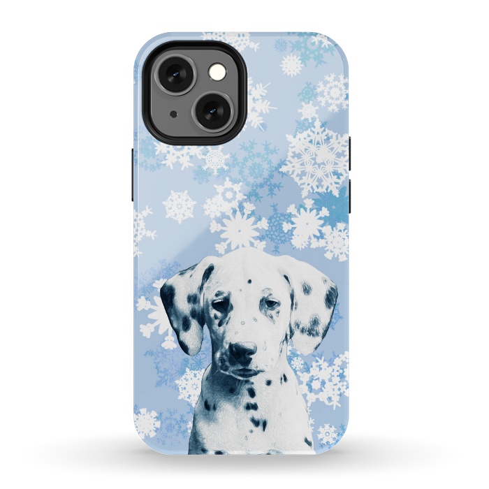 iPhone 13 mini StrongFit Cute dalmatian and blue white snowflakes by Oana 