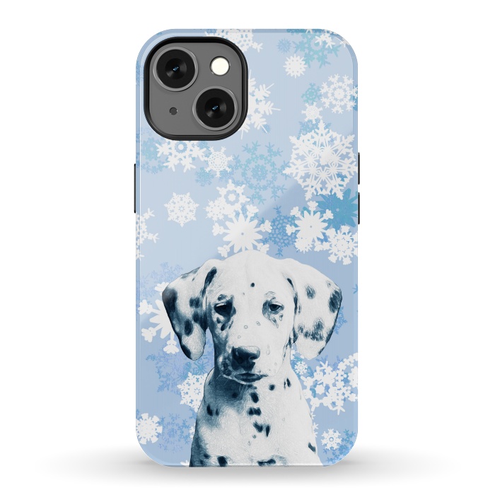 iPhone 13 StrongFit Cute dalmatian and blue white snowflakes by Oana 