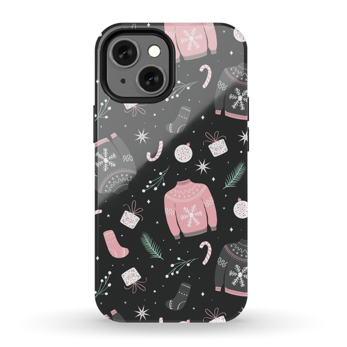 iPhone 13 mini StrongFit Christmas seamless pattern with ugly sweater. Woolen winter clothes and traditional festive elements and decoration, gray by Jelena Obradovic