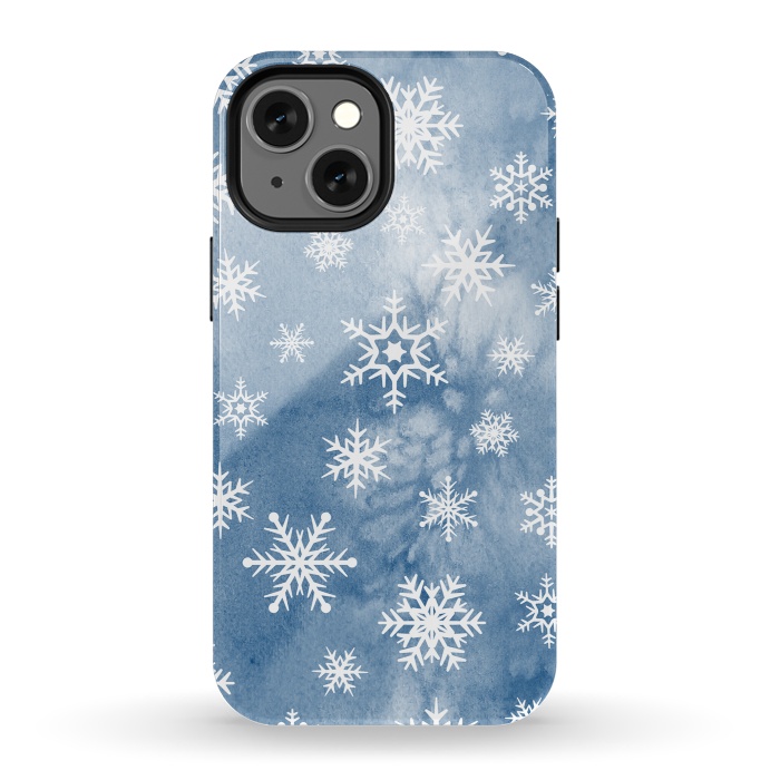 iPhone 13 mini StrongFit Blue white watercolor Christmas snowflakes by Oana 