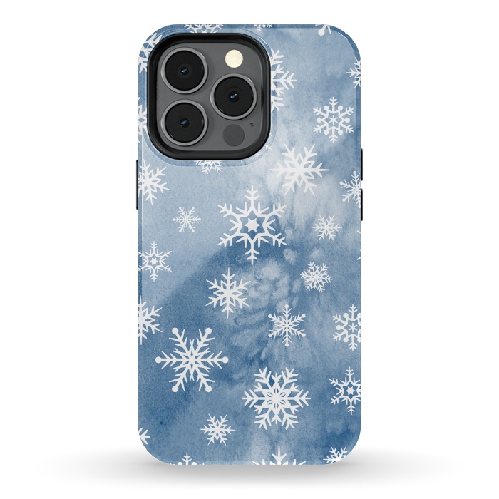 iPhone 13 pro StrongFit Blue white watercolor Christmas snowflakes by Oana 