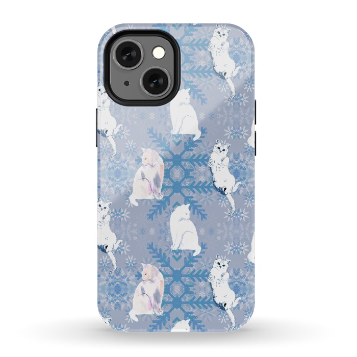iPhone 13 mini StrongFit Cute white cats and blue Christmas snowflakes by Oana 