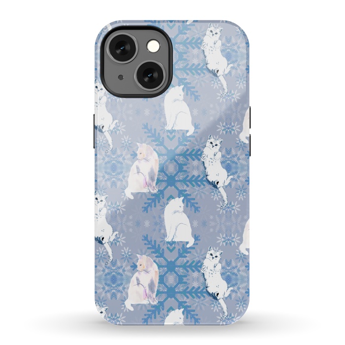 iPhone 13 StrongFit Cute white cats and blue Christmas snowflakes by Oana 