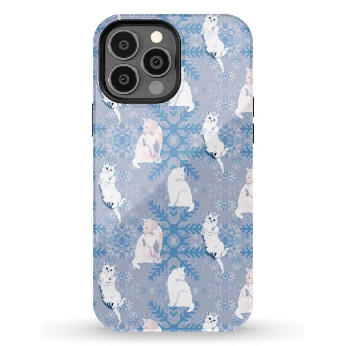 iPhone 13 Pro Max StrongFit Cute white cats and blue Christmas snowflakes by Oana 