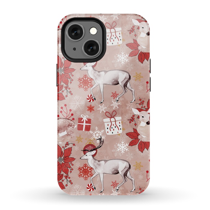 iPhone 13 mini StrongFit Deers and Christmas ornaments red pink by Oana 