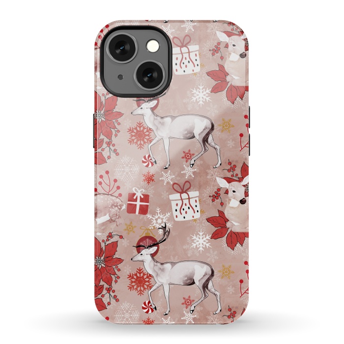 iPhone 13 StrongFit Deers and Christmas ornaments red pink by Oana 
