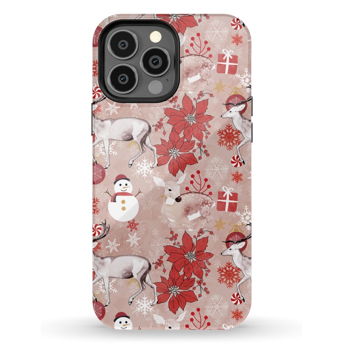 iPhone 13 Pro Max StrongFit Deers and Christmas ornaments red pink by Oana 