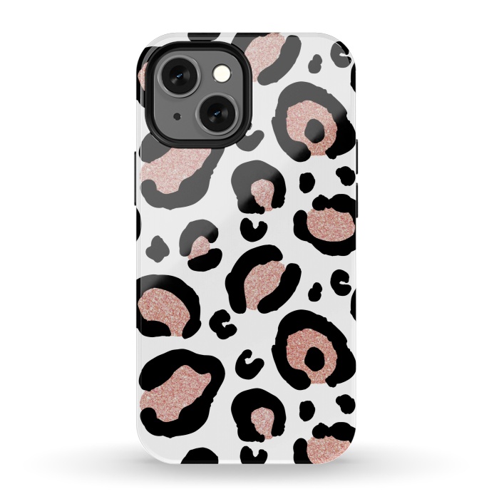 iPhone 13 mini StrongFit Rose Gold Glitter Leopard Print by Julie Erin Designs