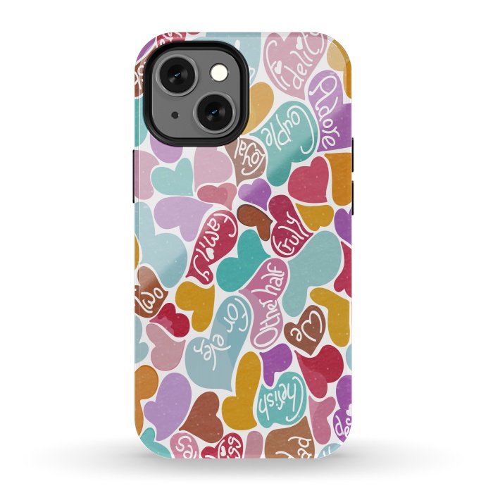 iPhone 13 mini StrongFit Multicolored Love hearts with loving words by Paula Ohreen