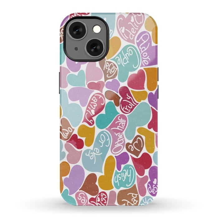 iPhone 13 StrongFit Multicolored Love hearts with loving words by Paula Ohreen