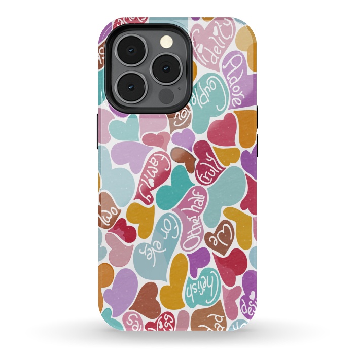 iPhone 13 pro StrongFit Multicolored Love hearts with loving words by Paula Ohreen