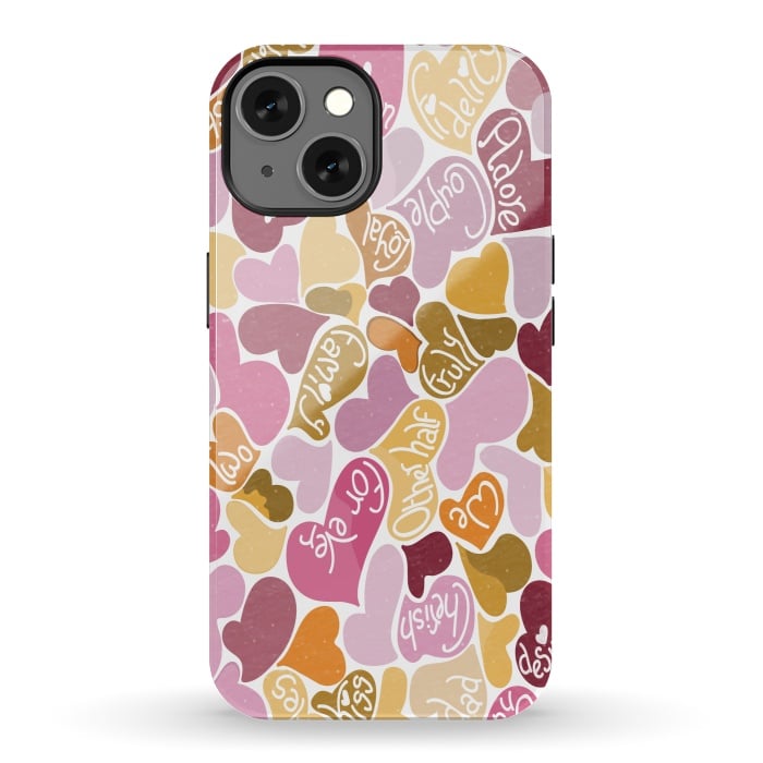 iPhone 13 StrongFit Love hearts with loving words in pink and orange by Paula Ohreen