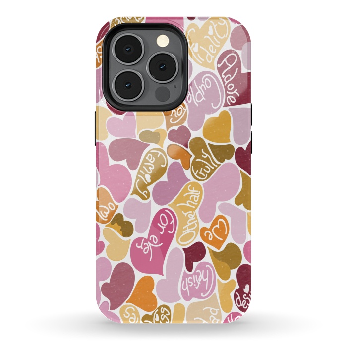 iPhone 13 pro StrongFit Love hearts with loving words in pink and orange by Paula Ohreen