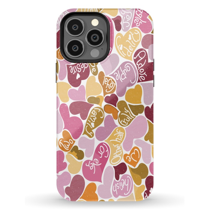 iPhone 13 Pro Max StrongFit Love hearts with loving words in pink and orange by Paula Ohreen