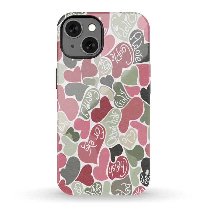 iPhone 13 StrongFit Love hearts with loving words in pink and green by Paula Ohreen
