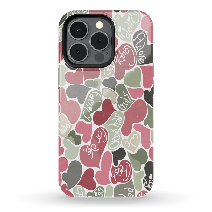 iPhone 13 pro StrongFit Love hearts with loving words in pink and green by Paula Ohreen