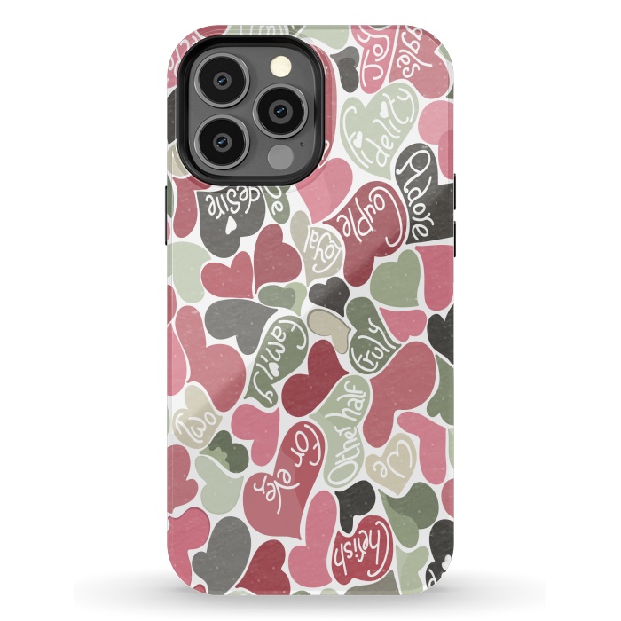 iPhone 13 Pro Max StrongFit Love hearts with loving words in pink and green by Paula Ohreen