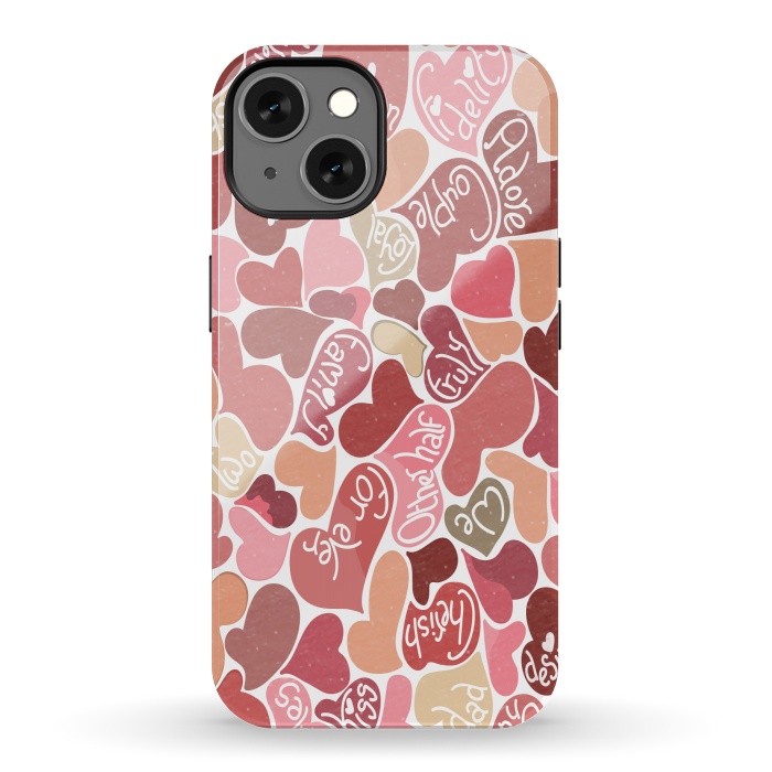 iPhone 13 StrongFit Love hearts with loving words in red and beige by Paula Ohreen