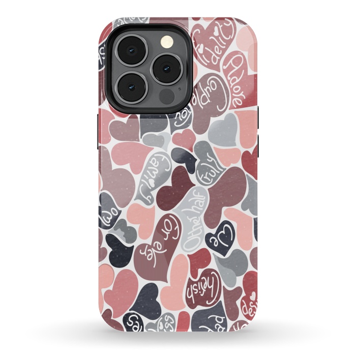 iPhone 13 pro StrongFit Love hearts with loving words in pink and grey by Paula Ohreen
