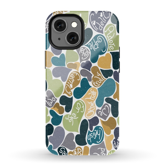 iPhone 13 mini StrongFit Love hearts with loving words in blue and green by Paula Ohreen