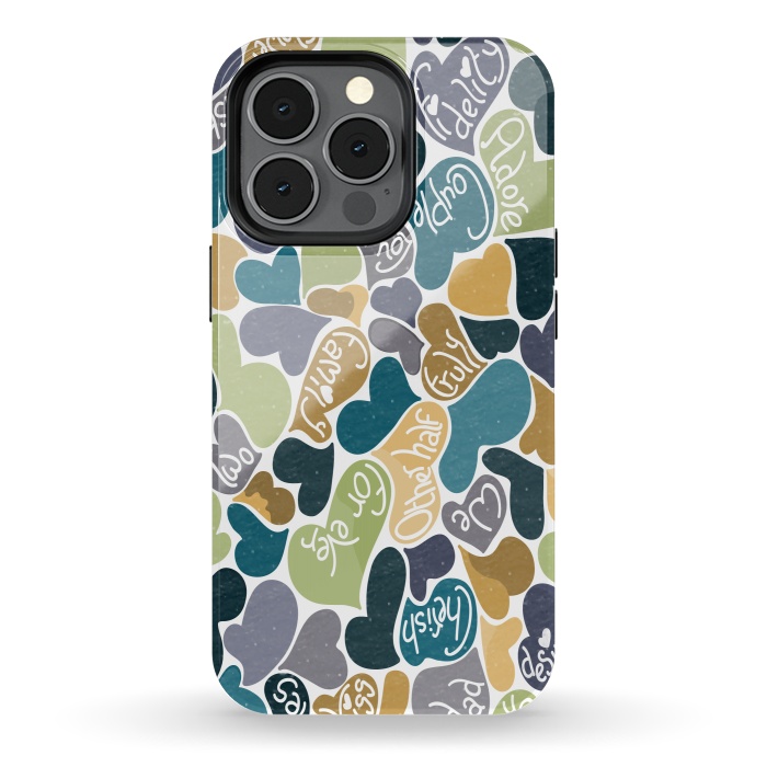 iPhone 13 pro StrongFit Love hearts with loving words in blue and green by Paula Ohreen