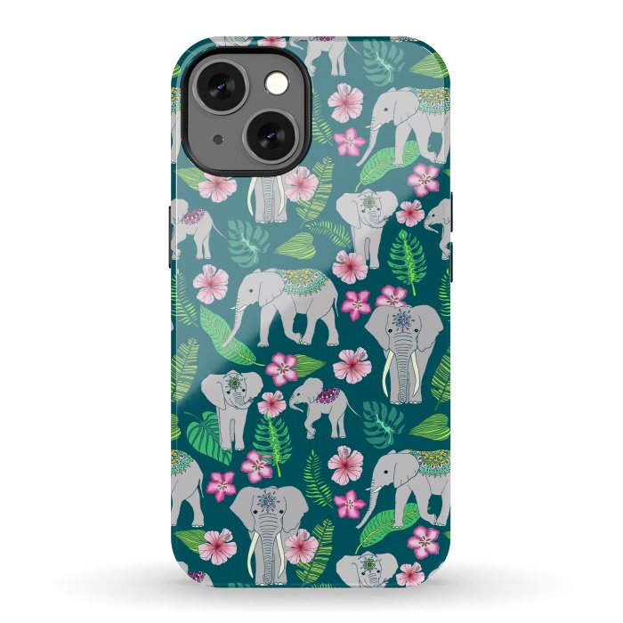 iPhone 13 StrongFit Elephants of the Jungle on Green by Tangerine-Tane