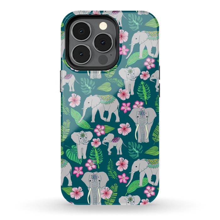 iPhone 13 pro StrongFit Elephants of the Jungle on Green by Tangerine-Tane