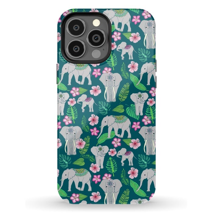 iPhone 13 Pro Max StrongFit Elephants of the Jungle on Green by Tangerine-Tane