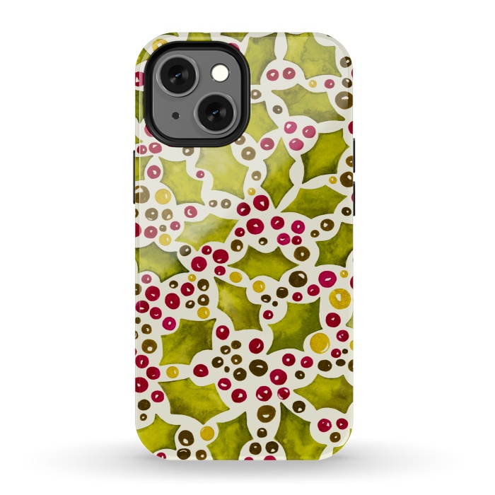 iPhone 13 mini StrongFit Watercolour Christmas Holly and Berries Pattern by Paula Ohreen