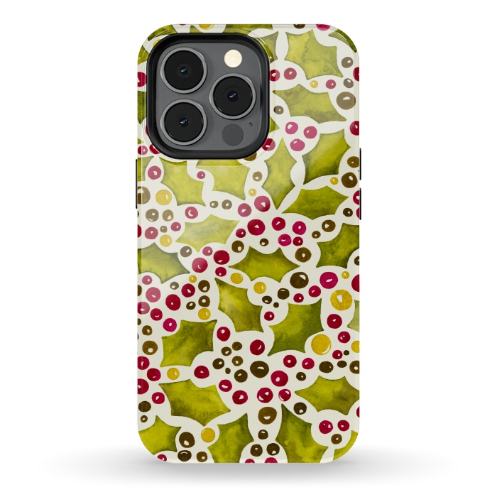 iPhone 13 pro StrongFit Watercolour Christmas Holly and Berries Pattern by Paula Ohreen