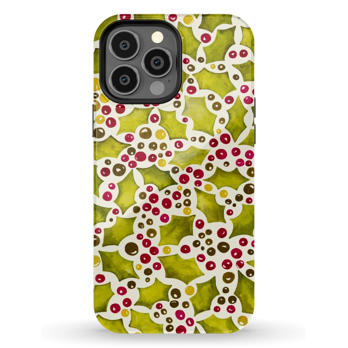 iPhone 13 Pro Max StrongFit Watercolour Christmas Holly and Berries Pattern by Paula Ohreen