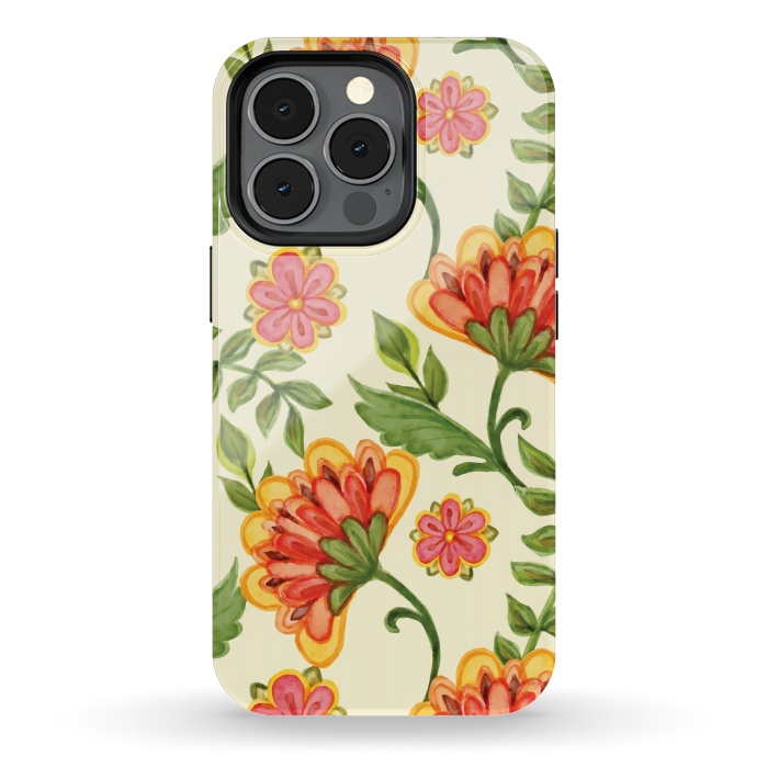 iPhone 13 pro StrongFit red yellow green floral pattern by MALLIKA