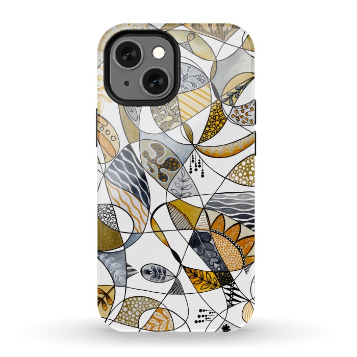 iPhone 13 mini StrongFit Continuous Line Abstract Art in Grey and Yellow by Paula Ohreen