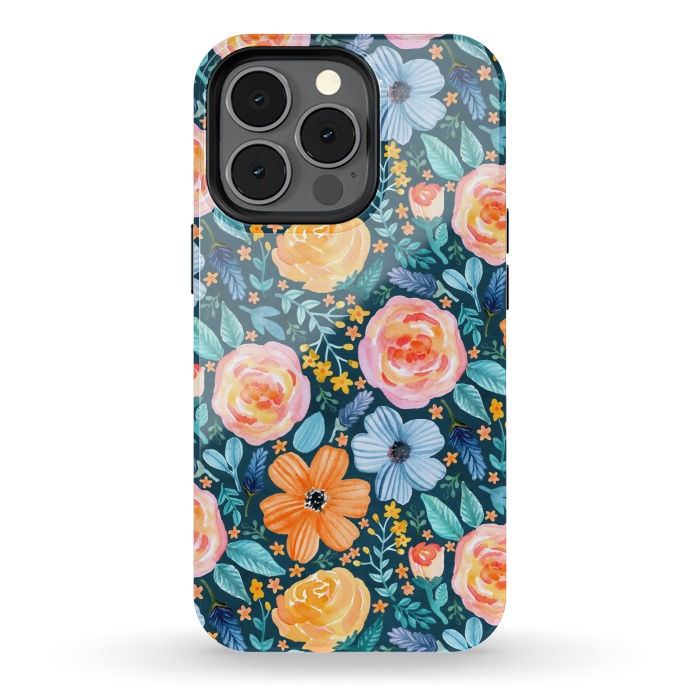 iPhone 13 pro StrongFit Bold Blooms on Dark Teal by Tangerine-Tane