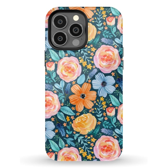 iPhone 13 Pro Max StrongFit Bold Blooms on Dark Teal by Tangerine-Tane
