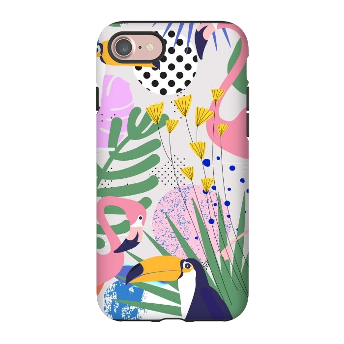 iPhone 7 StrongFit Tropical Spring | Pastel Quirky Modern Bohemian Jungle Botanical | Flamingo Palm Cockatoo Birds by Uma Prabhakar Gokhale