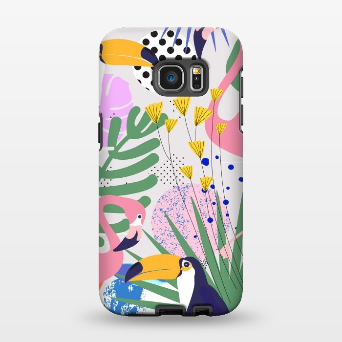 Galaxy S7 EDGE StrongFit Tropical Spring | Pastel Quirky Modern Bohemian Jungle Botanical | Flamingo Palm Cockatoo Birds by Uma Prabhakar Gokhale