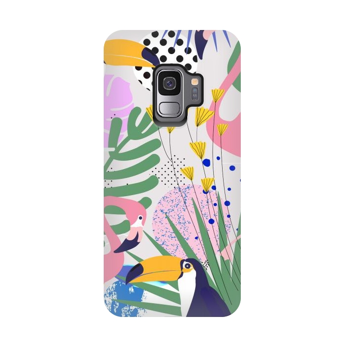 Galaxy S9 StrongFit Tropical Spring | Pastel Quirky Modern Bohemian Jungle Botanical | Flamingo Palm Cockatoo Birds by Uma Prabhakar Gokhale