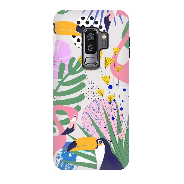 Galaxy S9 plus StrongFit Tropical Spring | Pastel Quirky Modern Bohemian Jungle Botanical | Flamingo Palm Cockatoo Birds by Uma Prabhakar Gokhale