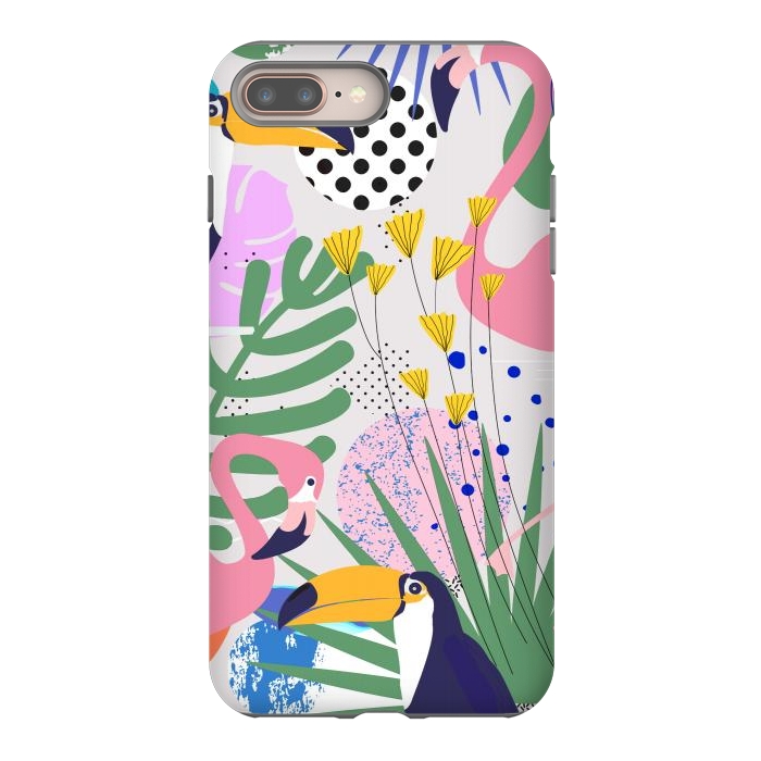 iPhone 8 plus StrongFit Tropical Spring | Pastel Quirky Modern Bohemian Jungle Botanical | Flamingo Palm Cockatoo Birds by Uma Prabhakar Gokhale
