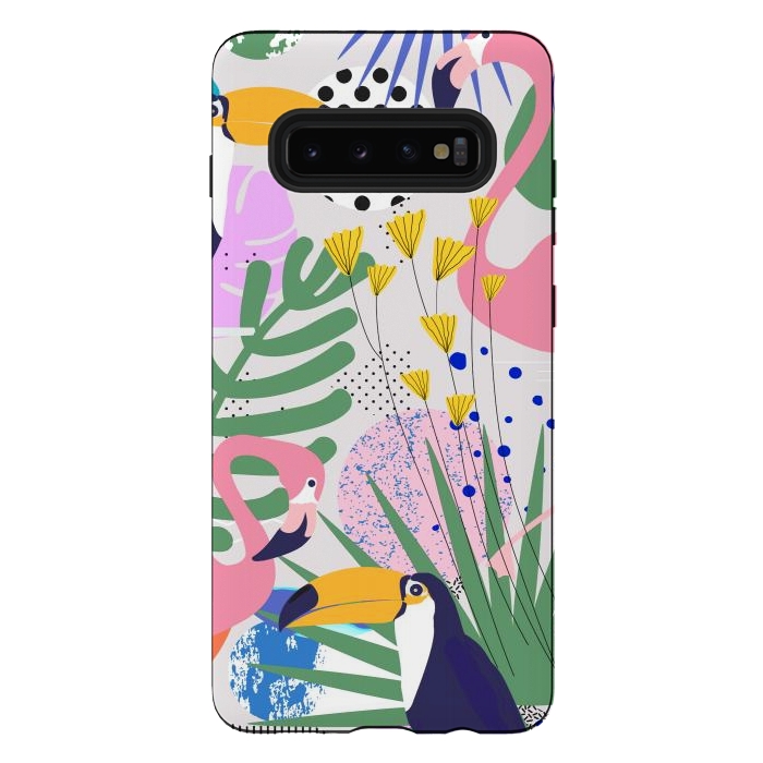 Galaxy S10 plus StrongFit Tropical Spring | Pastel Quirky Modern Bohemian Jungle Botanical | Flamingo Palm Cockatoo Birds by Uma Prabhakar Gokhale