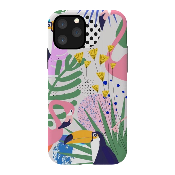 iPhone 11 Pro StrongFit Tropical Spring | Pastel Quirky Modern Bohemian Jungle Botanical | Flamingo Palm Cockatoo Birds by Uma Prabhakar Gokhale