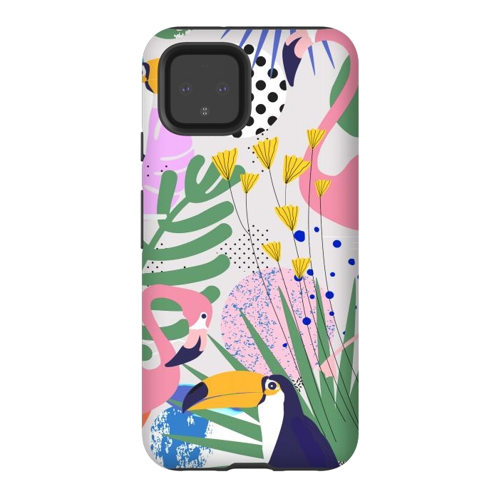 Pixel 4 StrongFit Tropical Spring | Pastel Quirky Modern Bohemian Jungle Botanical | Flamingo Palm Cockatoo Birds by Uma Prabhakar Gokhale