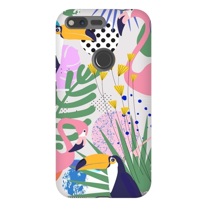 Pixel XL StrongFit Tropical Spring | Pastel Quirky Modern Bohemian Jungle Botanical | Flamingo Palm Cockatoo Birds by Uma Prabhakar Gokhale