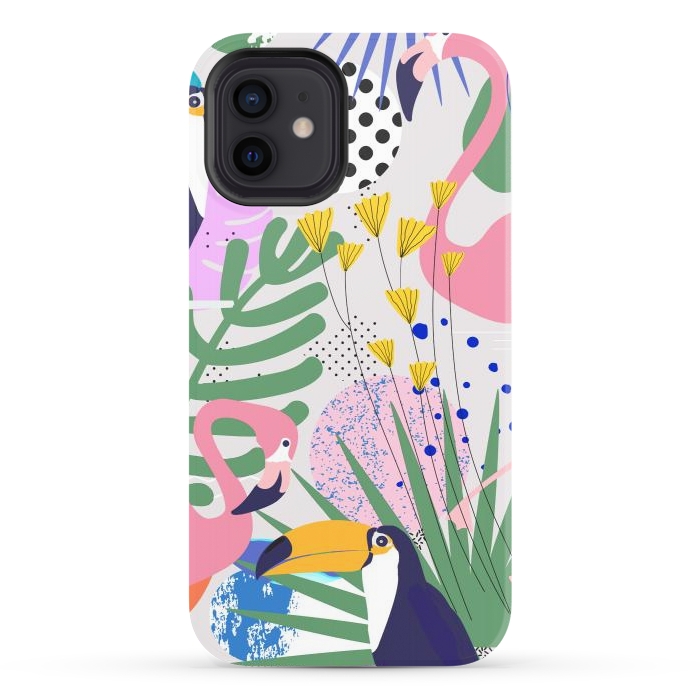 iPhone 12 StrongFit Tropical Spring | Pastel Quirky Modern Bohemian Jungle Botanical | Flamingo Palm Cockatoo Birds by Uma Prabhakar Gokhale