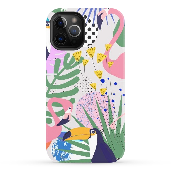 iPhone 12 Pro StrongFit Tropical Spring | Pastel Quirky Modern Bohemian Jungle Botanical | Flamingo Palm Cockatoo Birds by Uma Prabhakar Gokhale