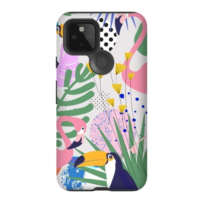 Pixel 5 StrongFit Tropical Spring | Pastel Quirky Modern Bohemian Jungle Botanical | Flamingo Palm Cockatoo Birds by Uma Prabhakar Gokhale