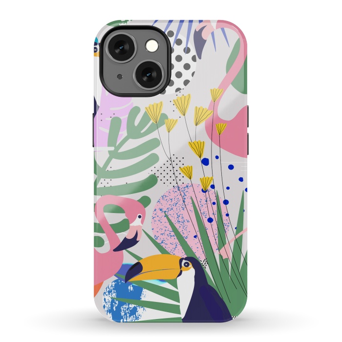 iPhone 13 StrongFit Tropical Spring | Pastel Quirky Modern Bohemian Jungle Botanical | Flamingo Palm Cockatoo Birds by Uma Prabhakar Gokhale