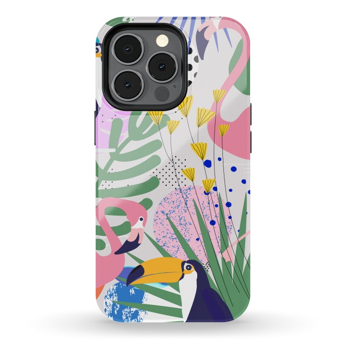 iPhone 13 pro StrongFit Tropical Spring | Pastel Quirky Modern Bohemian Jungle Botanical | Flamingo Palm Cockatoo Birds by Uma Prabhakar Gokhale
